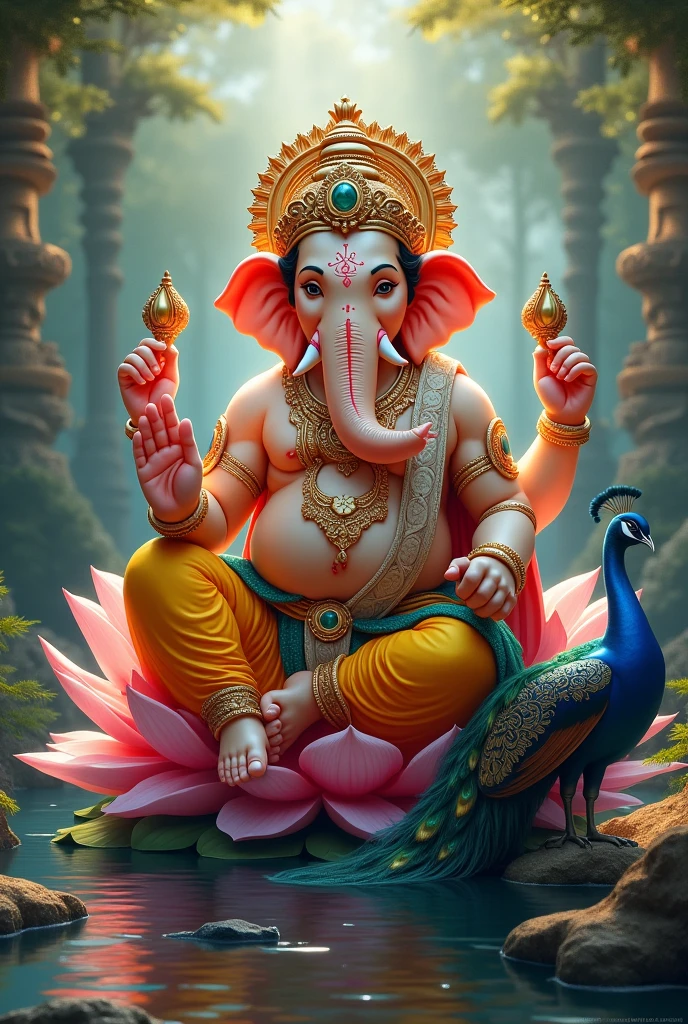 Create an image of a lord ganesh with a stole around neck and a turban on his head
sitting on a lotus flower besides a peacock