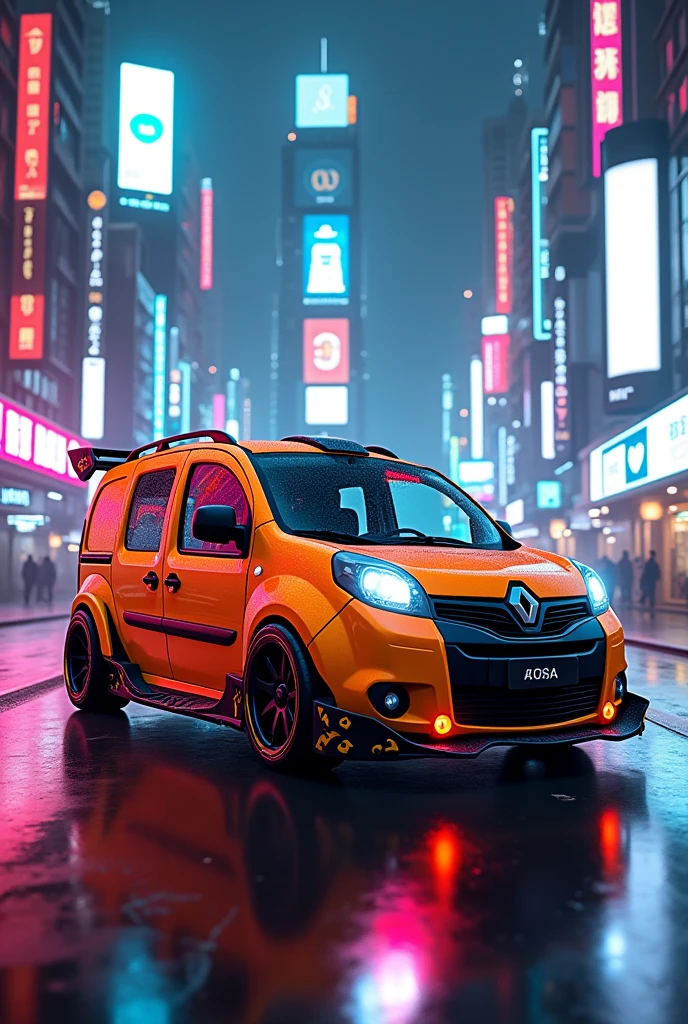 can u make a orange renault kango with body kit ina neon city lights and cybercityies and neon red and black and yellow wheels add u some shit idk