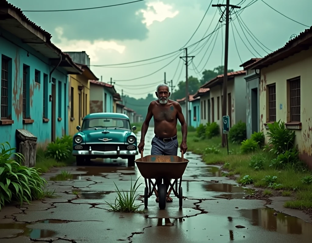 a run down town in cuba, an old pushing a wheelbarrow, a rusty old car in, dilapidated buildings, cracked pavement, stagnant water, overgrown grass, cloudy dramatic sky, greeny, light rain, cinematic lighting, cinematic composition, highly detailed, photorealistic