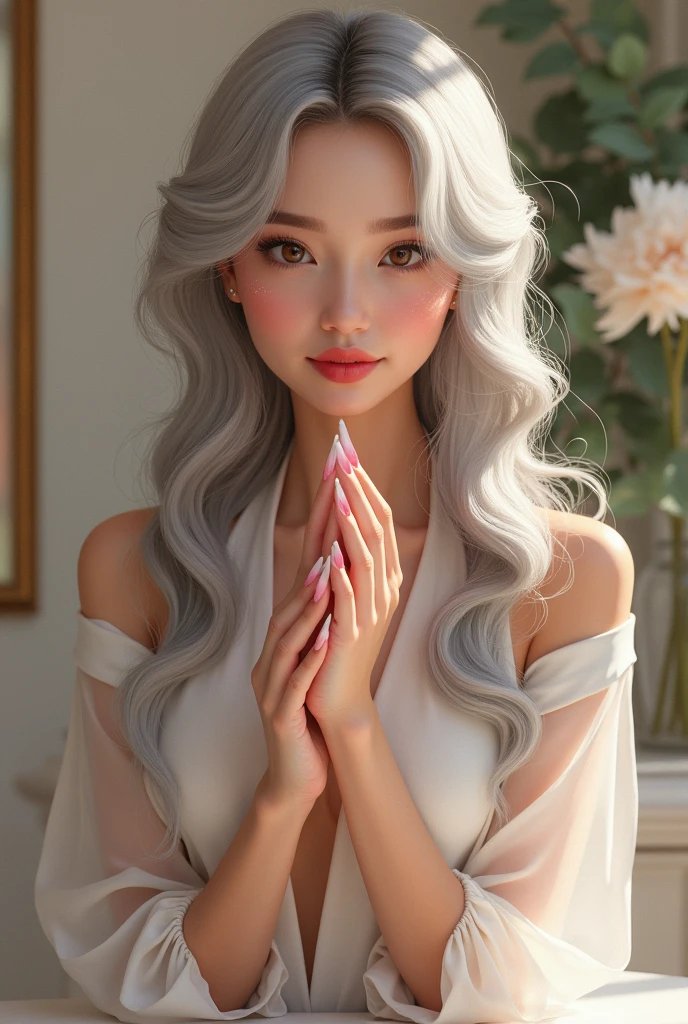 Pixar woman long silver hair pretty brown eyes long pink nails manicurist