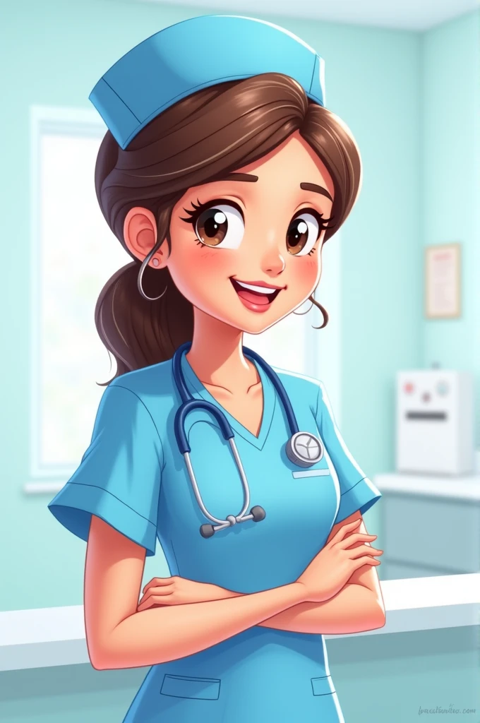 Nurse woman in light blue uniform and cartoon 