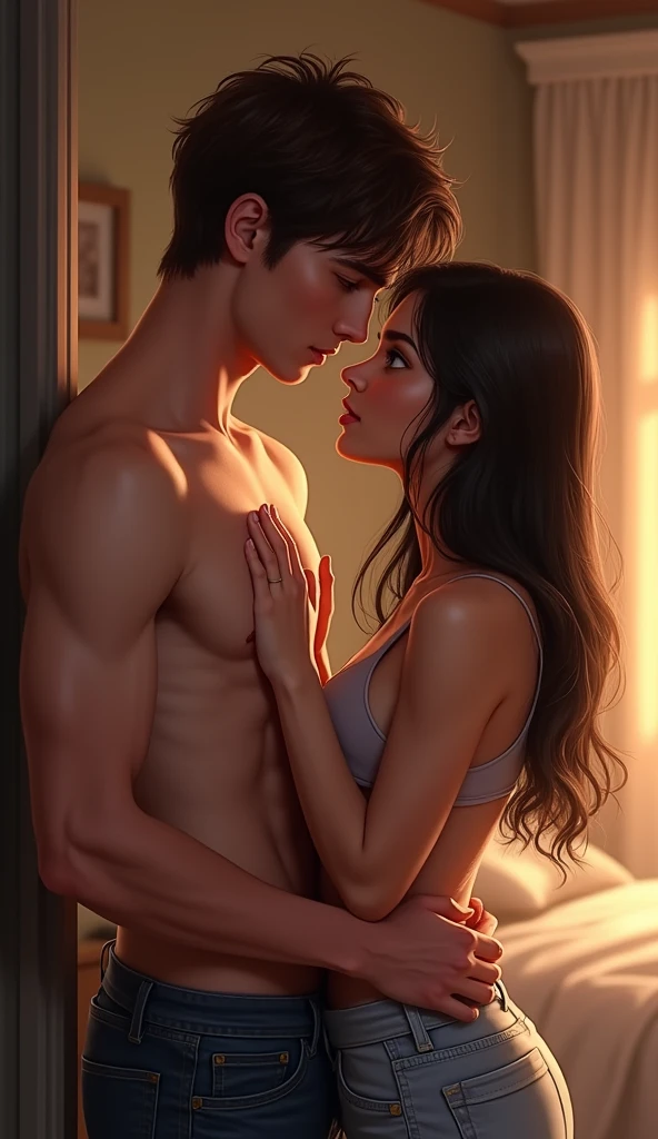 room background with bed. Hazel-eyed, brown-haired boy shirtless about to kiss dark-brown-haired, blue-eyed girl. Both staring at each other and she touching the boy&#39;s chest.