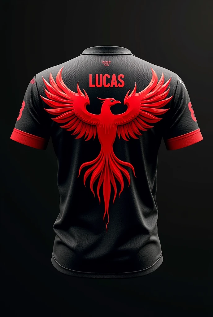 Make an image of an interlayer shirt with a black background and red details, with the phoenix mascot and phoenix wing on the shirt, the shirt front and back with the name “Lucas”, and the number “8”