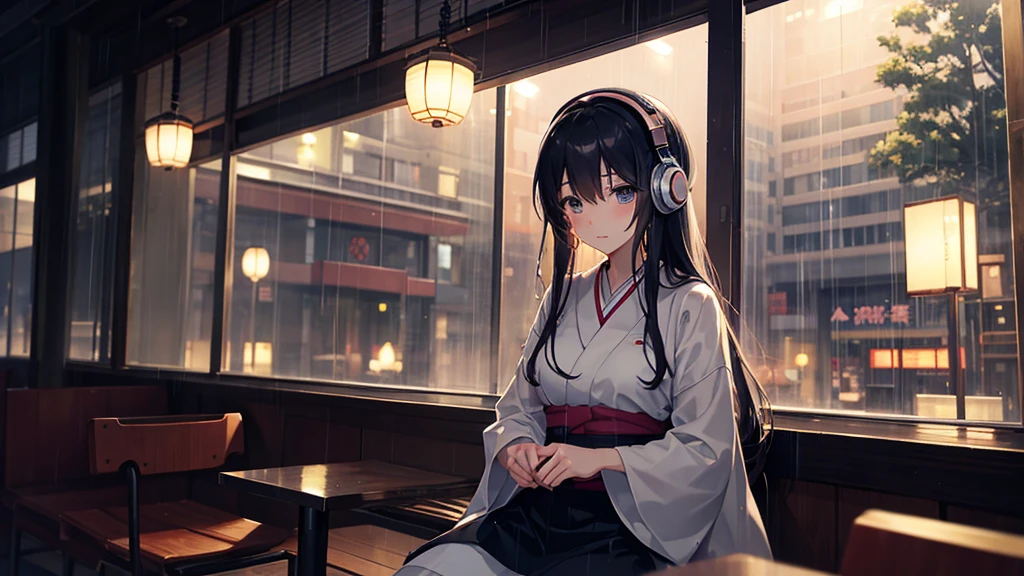 "Draw a Japanese girl in anime style, sitting in a café with headphones on. Rain falls outside the window, creating a cozy atmosphere. She has a gentle expression, with soft lighting."