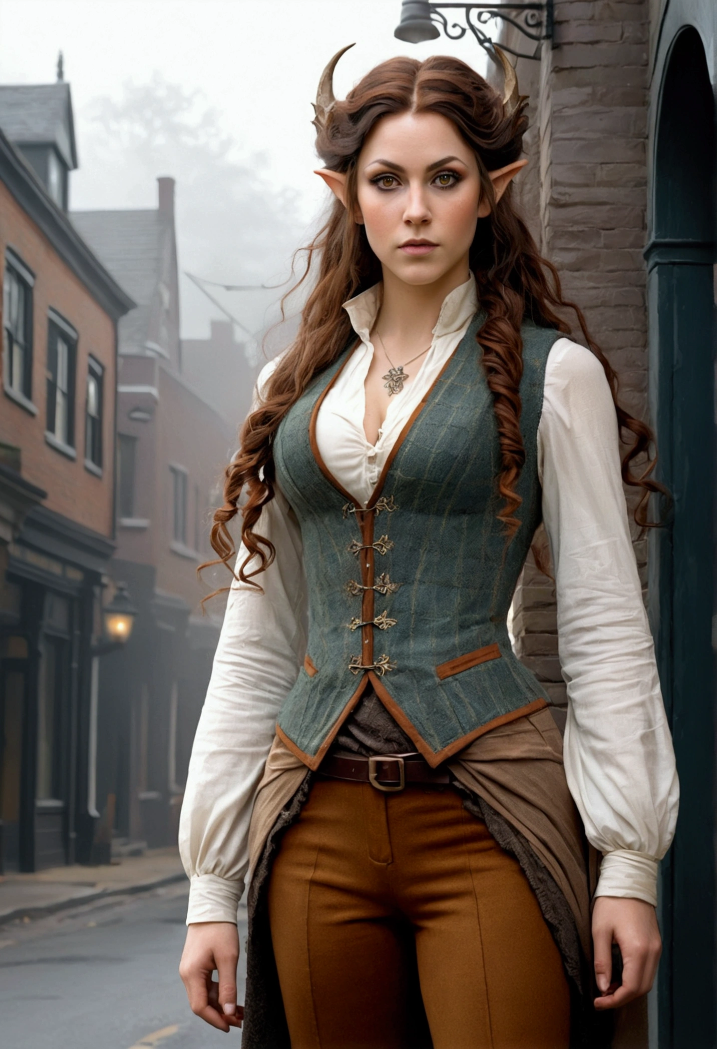an elven maiden, wearing a tweed vest and patched trousers, athletic hourglass figure, busty bosom, long pointy elf ears, amber eyes, dark hair, long messy curls, warm almond skintone, freckles, elven ears, standing on a foggy Victorian-era street corner, concept art, graphite shading, stencil marks, airbrushed acrylic paint, masterpiece