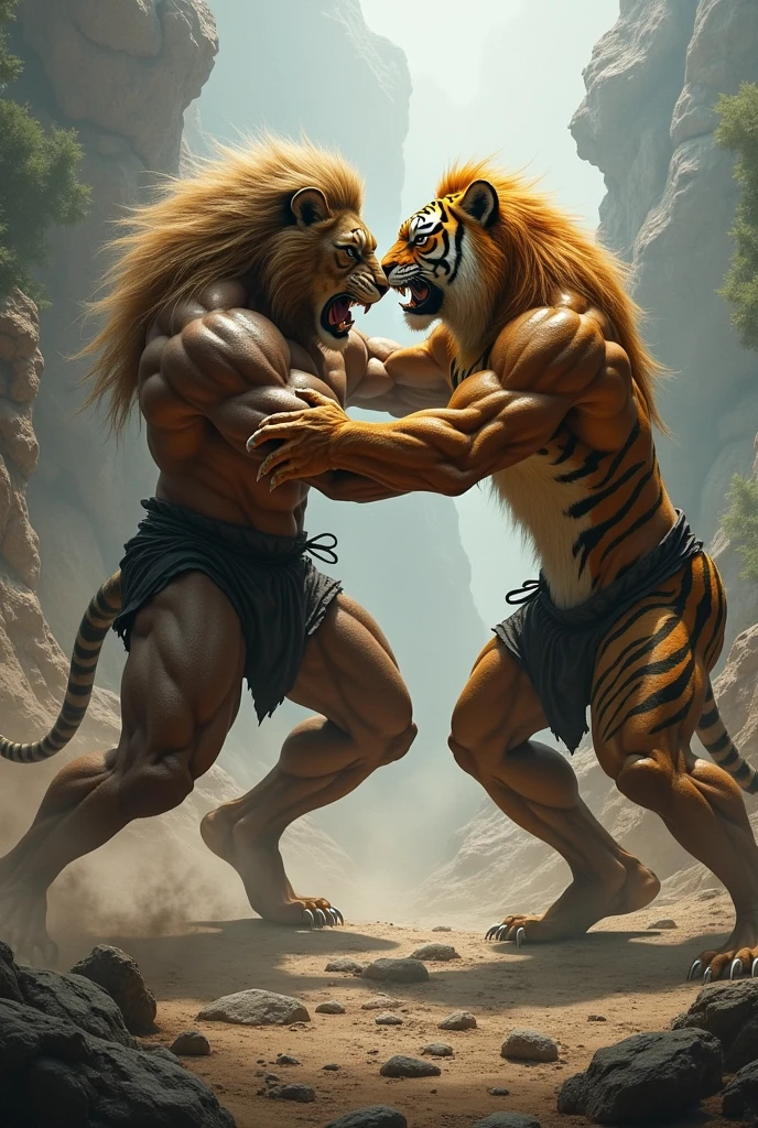 Muscular humanoid lion fighting with a muscular humanoid tiger in an epic fight