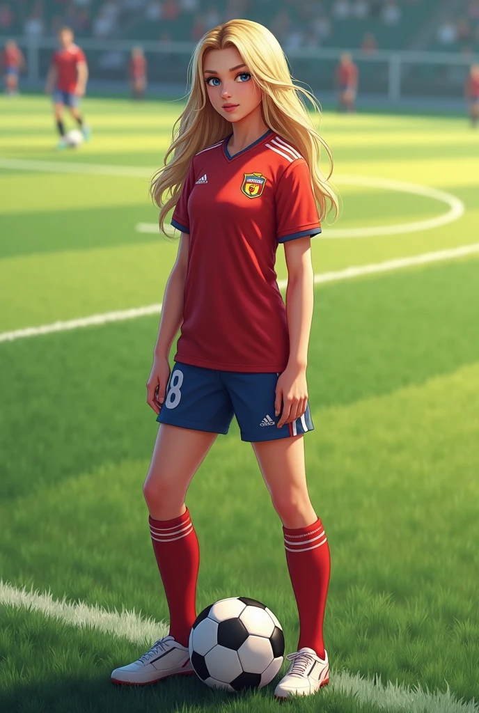 Une seul femme blonde agee de 24ans habiller en tenue de foot