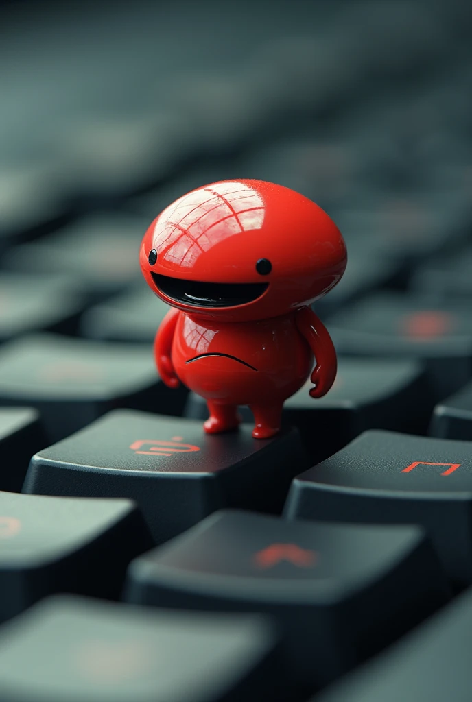 Make me a character without human features . That he is super small and lives on a key of a keyboard that has a head with a plate and that has no nose or mouth and his body is red