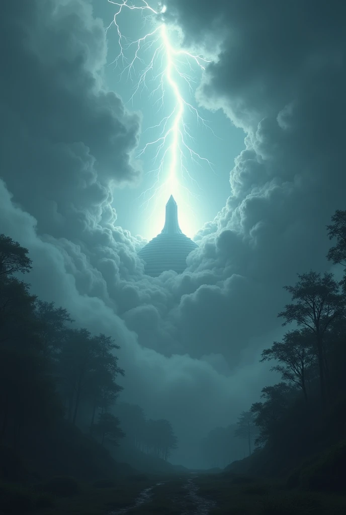 in a forest ,at night ,with a strong wind storm ,a white throne above the clouds, lightning.