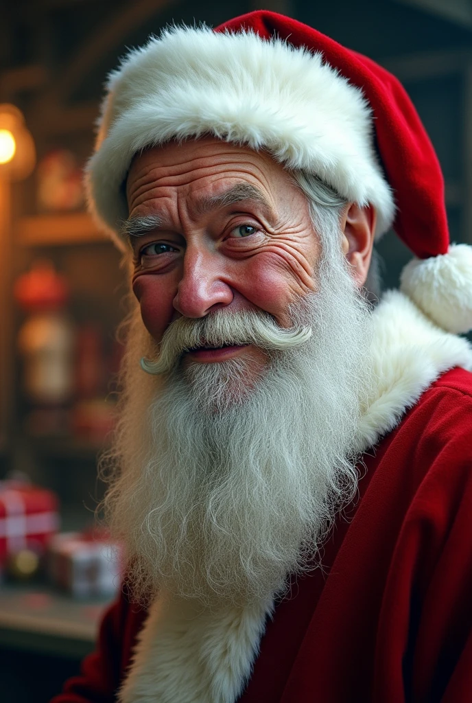Hyperrealistic photo of Santa Claus, Perfect face details, The beard, facial wrinkles. in the background his gift creation workshop