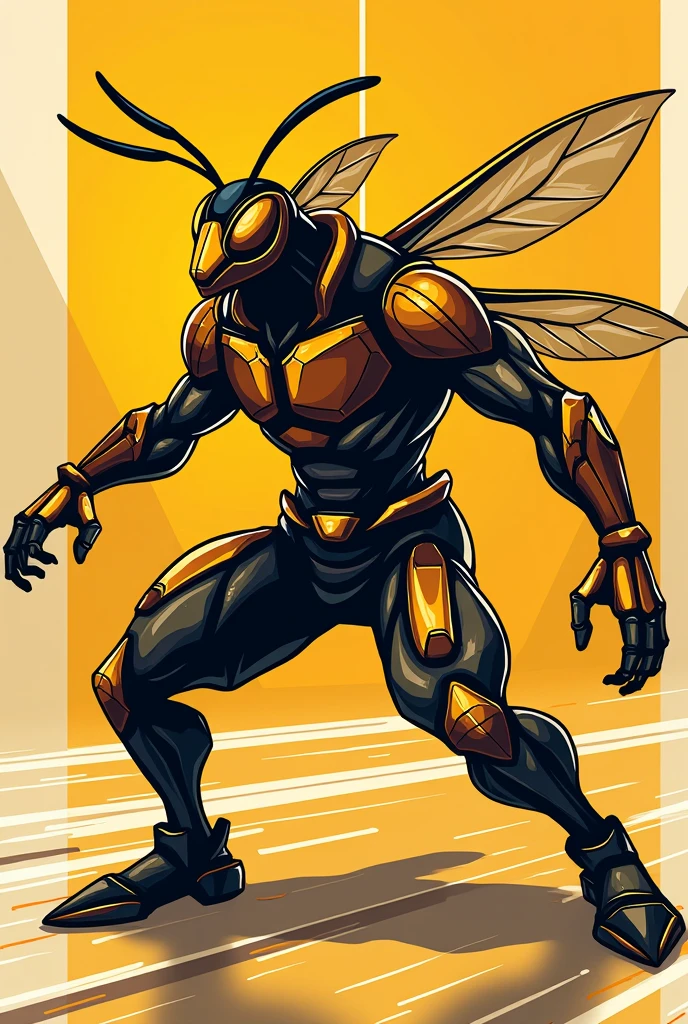 A stylized, dynamic vector illustration of a hornet, posed in a powerful, athletic stance, showcasing its Strength and agility, set against a bold, plain background that resonates with the energetic vibe of a basketball court, the hornets body is depicted in a metallic, , with intricate, geometric patterns and lines that evoke a sense of modernity and speed, with a fierce, determined gaze, the illustration style is sleek, streamlined, and graphic, with bold lines, and a mix of curved shapes and sharp, angular edges, the overall design is meant to evoke a sense of power, energy, and competitive spirit