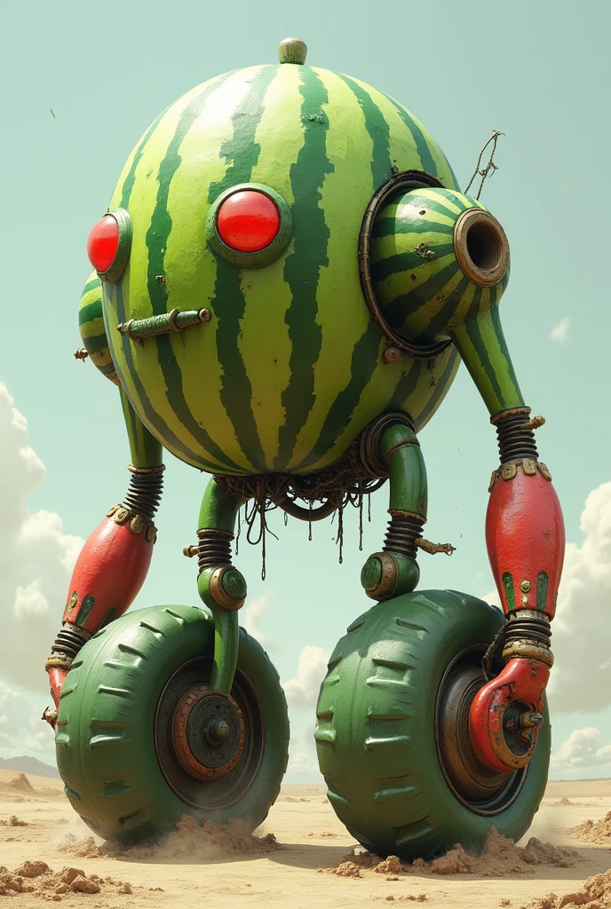 A non-existent being that has a watermelon body, legs made of wheels, and the head is the body of the watermelon, that the head is the body of the watermelon, and the arms are made of large seeds 