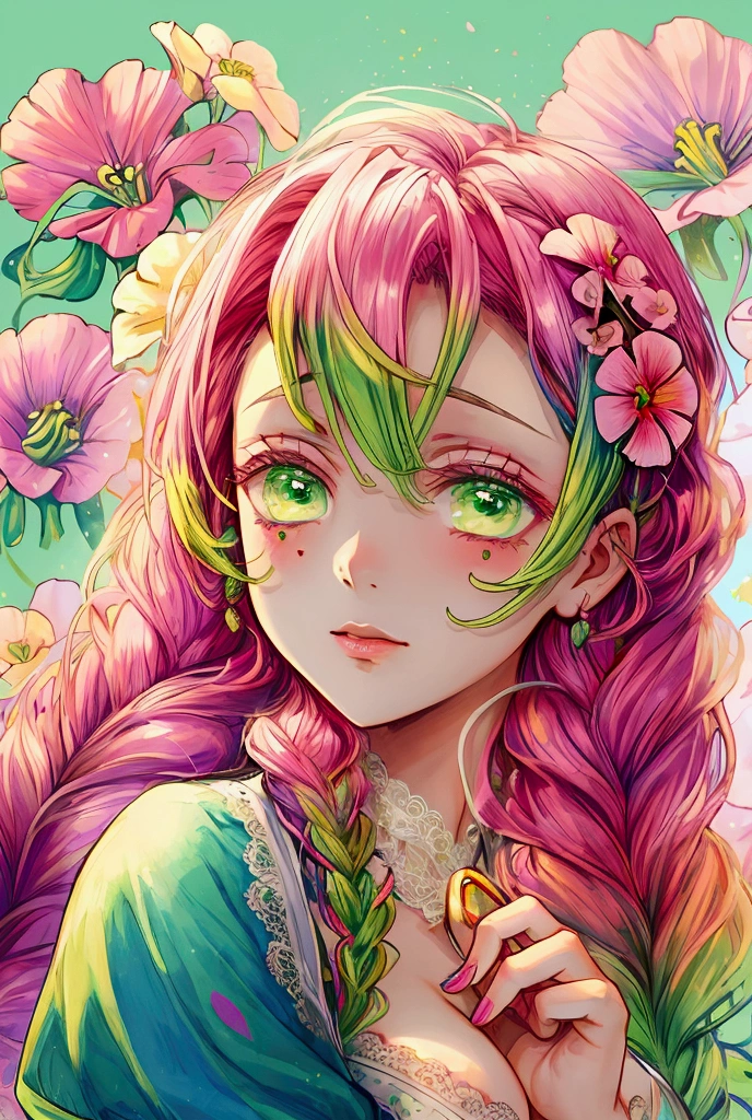 Convert your flower art into a hand-drawn illustration.、Create backgrounds with vibrant colors and unique touches The type of flower is statice、Gypsophila、sweet pea、Mix in some lace flowers, portrait, face portrait, big breasts, cleavage, pink hair, green eyes, (green highlights), green braids,