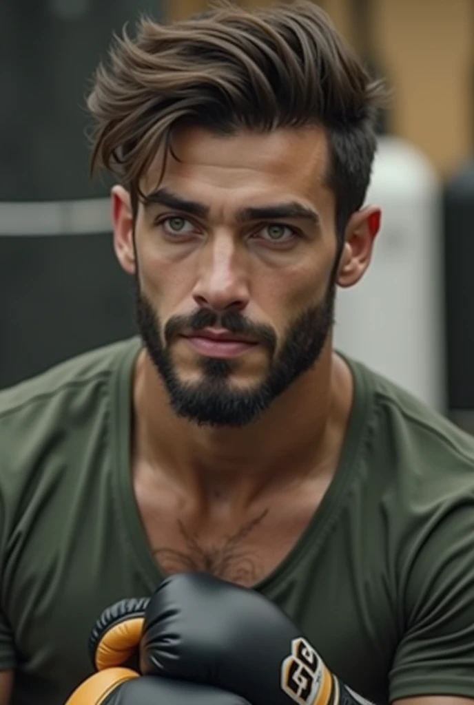 Create a realistic photo, Spanish type man with a beard and a mustache,
very handsome man with a charming and deep look, green eyes, brown hair,
((full body)) hyper realistic photos, dressed in sportswear, wears boxing gloves, hits a punching bag, background image:
a dsa, head to toe, full body, hyper realistic photo