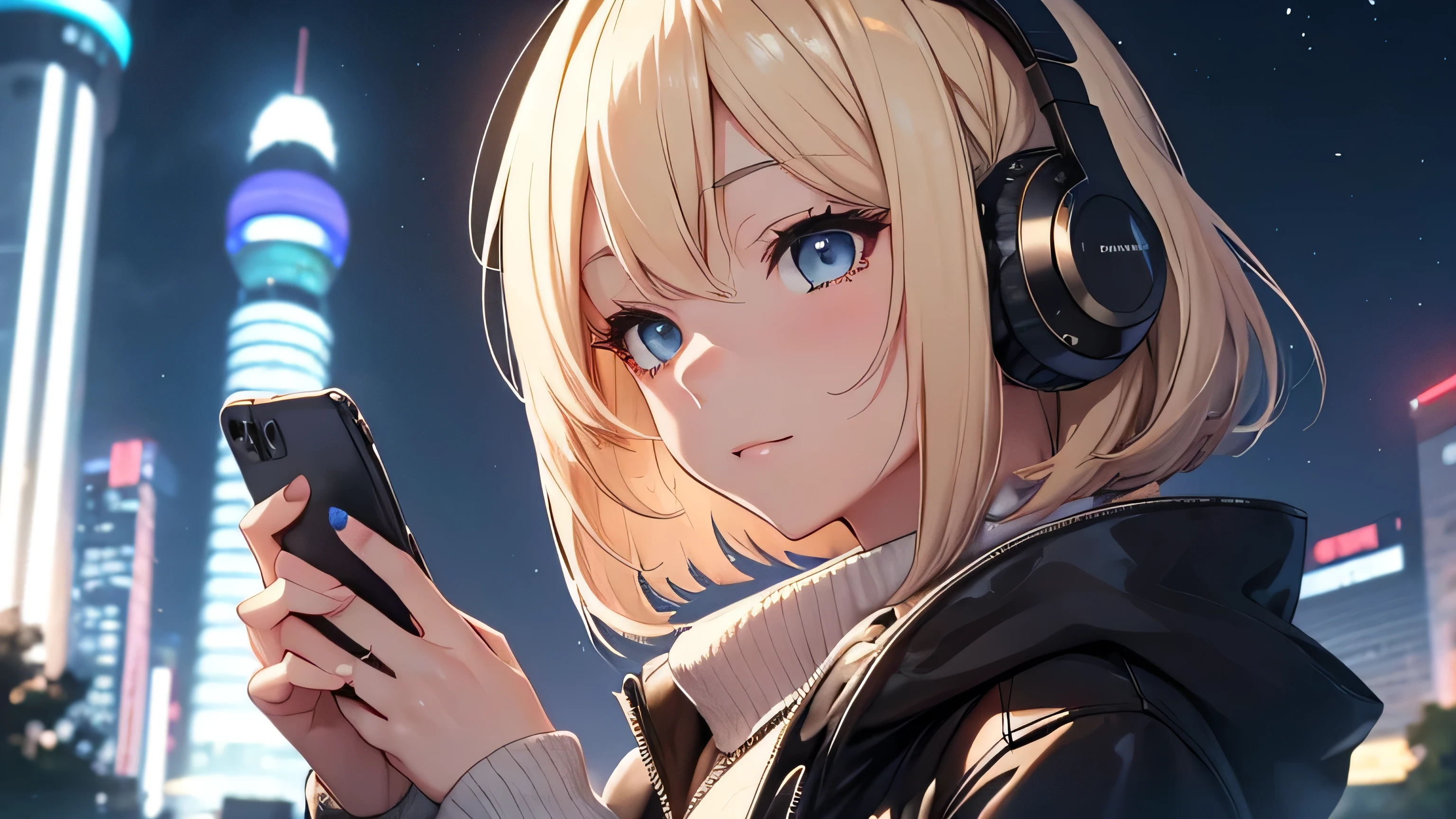 A beautiful girl with blonde bob hair wearing headphones looking at her smartphone in a park at night In the night sky Boeing in the sky Radio tower Japanese anime style