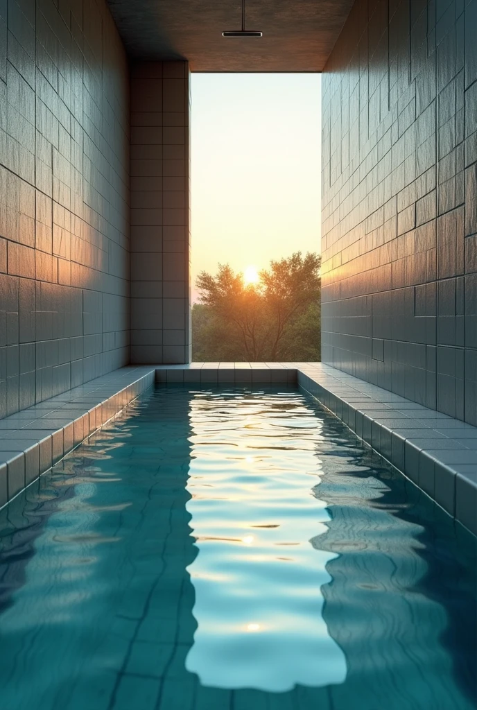 GENERATE A REST ROOM WITH A CLOSED ENVIRONMENT AND CRYSTAL CLEAR WATER. Make it more closed and with not much light. Now instead of being a place like this, it should be an environment where there are silver-colored tile walls like a room. Perfect now put a roof on it and make it more closed. Make it a little darker but with the sunset rays coming in the background