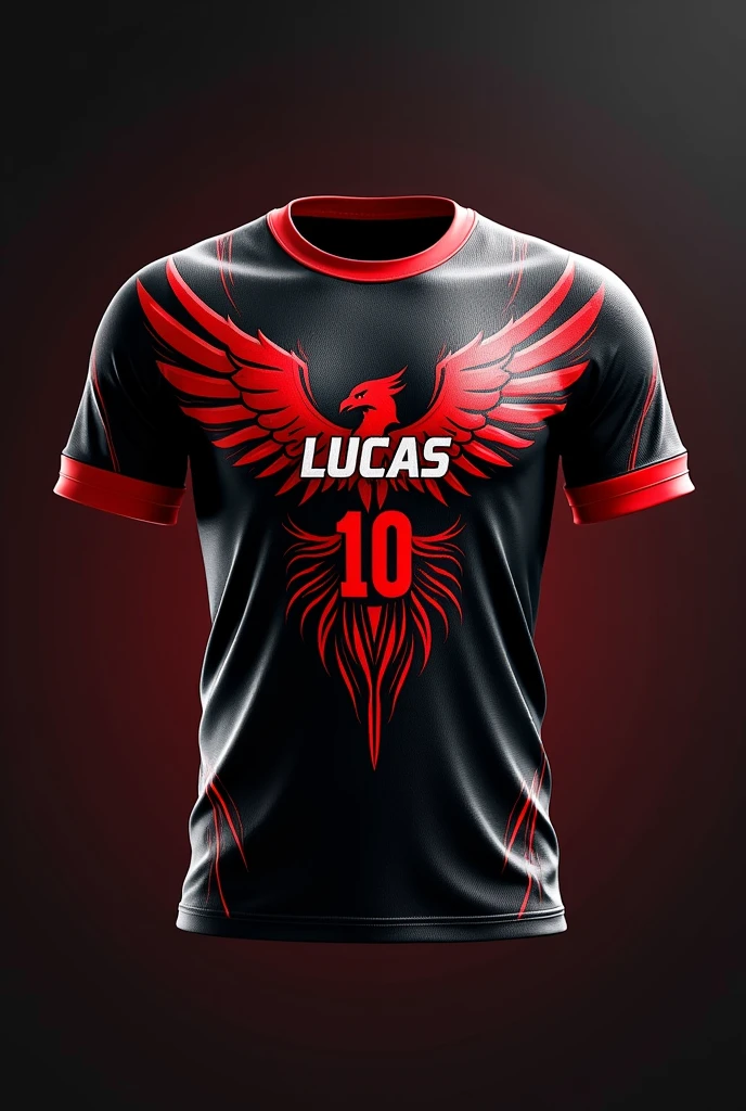 Make an image of an interlayer shirt with a black background and red details, with the phoenix mascot and phoenix wing on the shirt, the shirt front and back with the name “Lucas”, and the number “10”