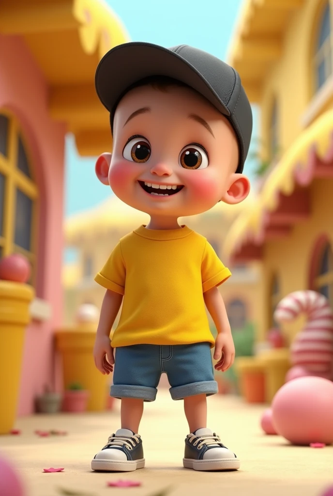 Cute illustrative image,  4 anos, Scrawny, thin face, wearing a black cap with the brim facing forward, shaved bald hair,
shirt Yellow,blue shorts, white sneakers with black details, smiling with visible teeth, 3d illustration