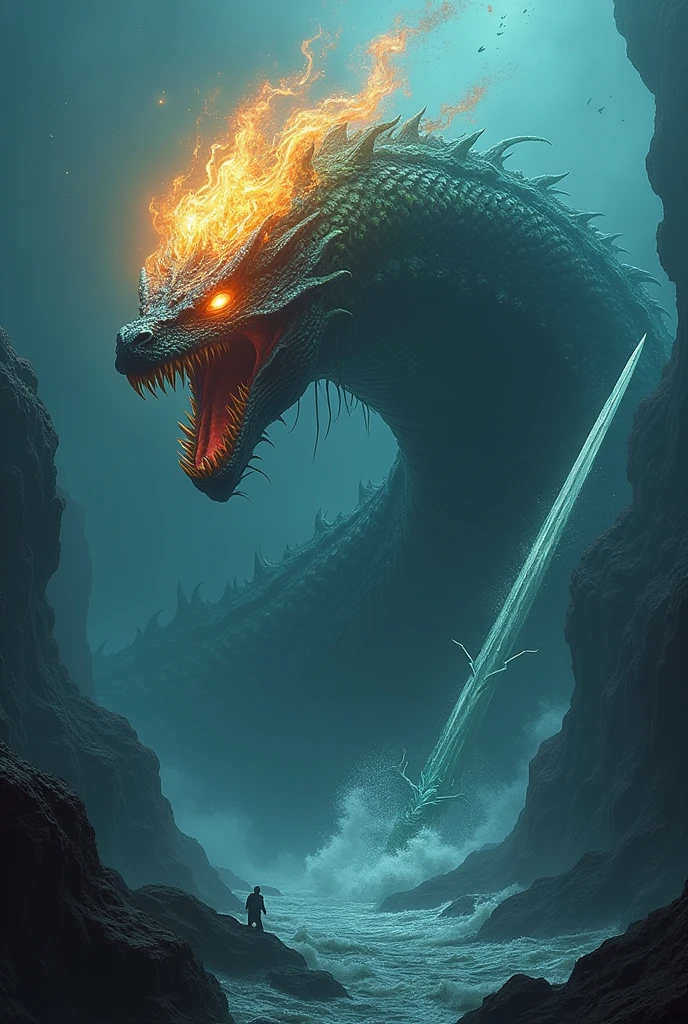 Monster that lives at the bottom of the ocean ruling the ocean that has a head of fire and a sword of wind