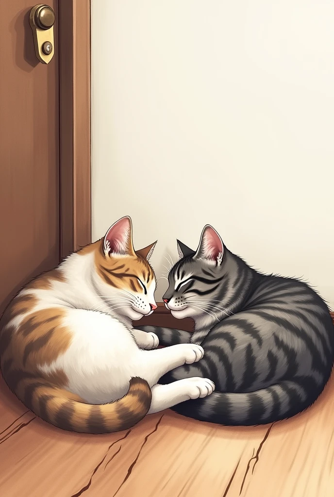 Two cats lying on a wooden floor in a cozy room. The cat on the left has a mix of light and dark fur with a white belly, while the cat on the right has a gray and black striped pattern. Both cats are relaxed, lying on their sides facing each other, near a white wall and a door. The floor is a medium-dark wood color, and the lighting is soft, creating a warm and comfortable atmosphere.Watercolor