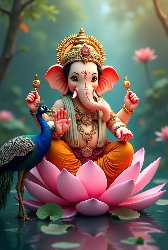 Create an image of a lord ganesh with a stole around neck and a pagdi on his head 
sitting on a lotus flower besides a peacock
