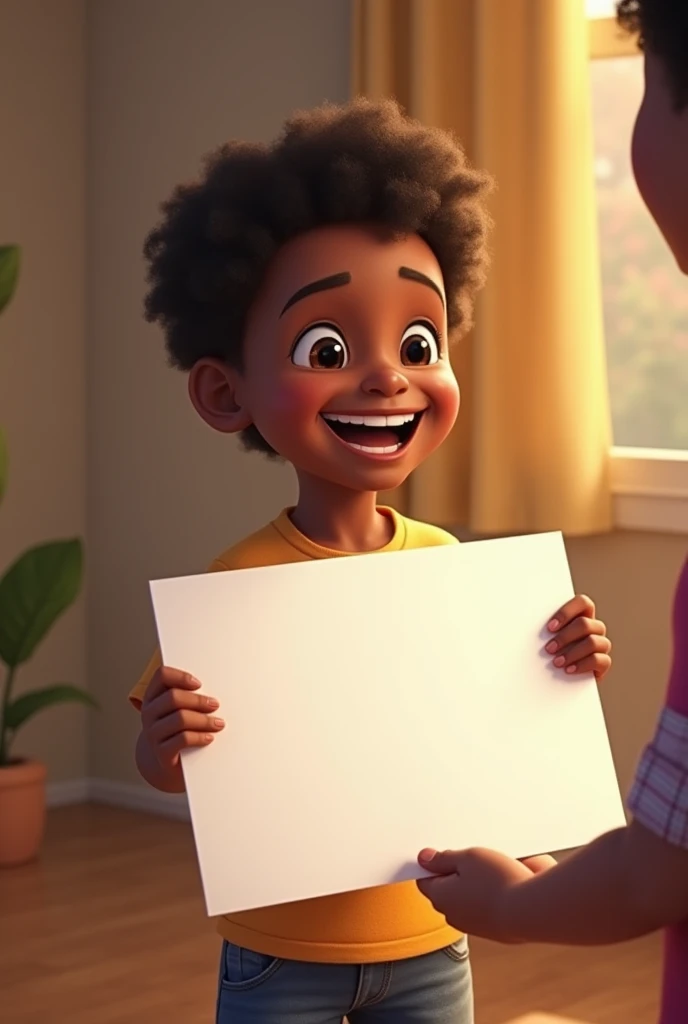 A black little child
and giving a white large paper for someone with joy on his face
I want the paper to shown clearly