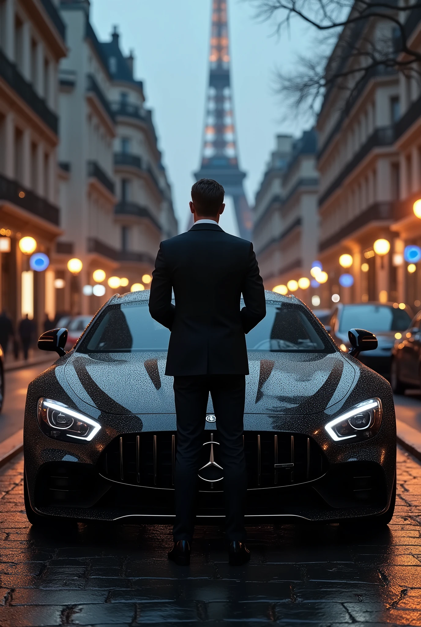 A MAN STANDING IN PARIS WITH BALCK CAR
