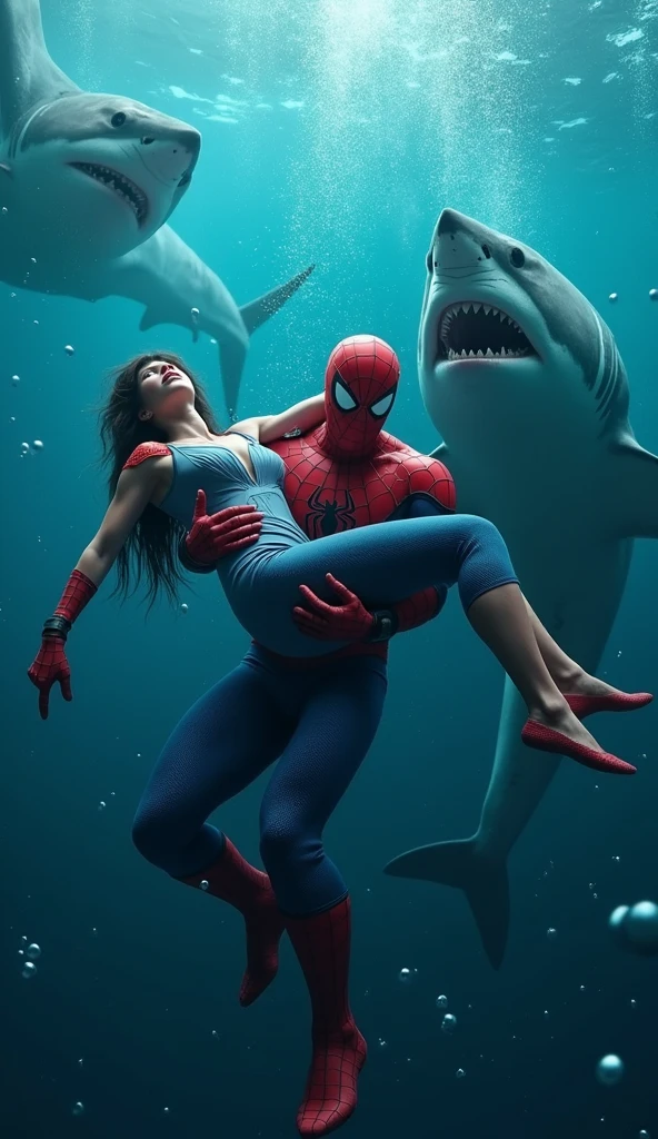 This image depicts a dramatic underwater scene where Spiderman is carrying a woman, possibly a flight attendant, while he is surrounded by sharks. The scene is intense, with Spiderman looking determined and the woman looking unconscious or distressed. There is a large shark behind them, adding to the tension. The image has a surreal, almost cinematic quality.