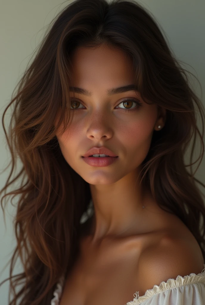 a girl with dark skin, very pretty and brown hair.