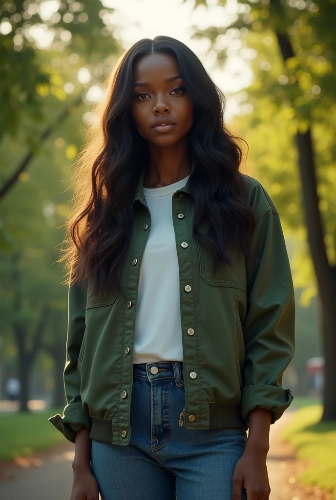 In night 20 year old black female (young), (long hair). She is at Park. standing. She wears green sleeveless jacket, white t-shirt and jeans. mystery environment, cinematic lightning, day, sunny, looking to the side