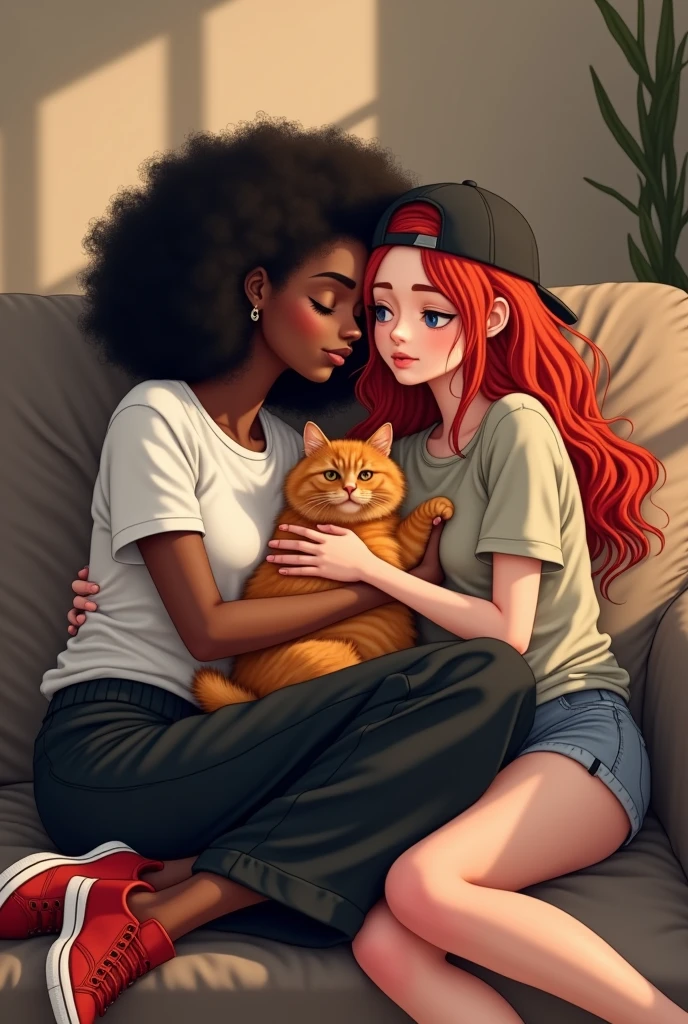 Two women are sitting on a couch kissing with a fat orange cat next to them, the first woman has thick, shoulder-length black curly hair and dark skin and is wearing a white t-shirt and black baggy pants with red sneakers, The second woman is a redhead with hair down to her back and a backwards cap., her skin is white and she wears a t-shirt 