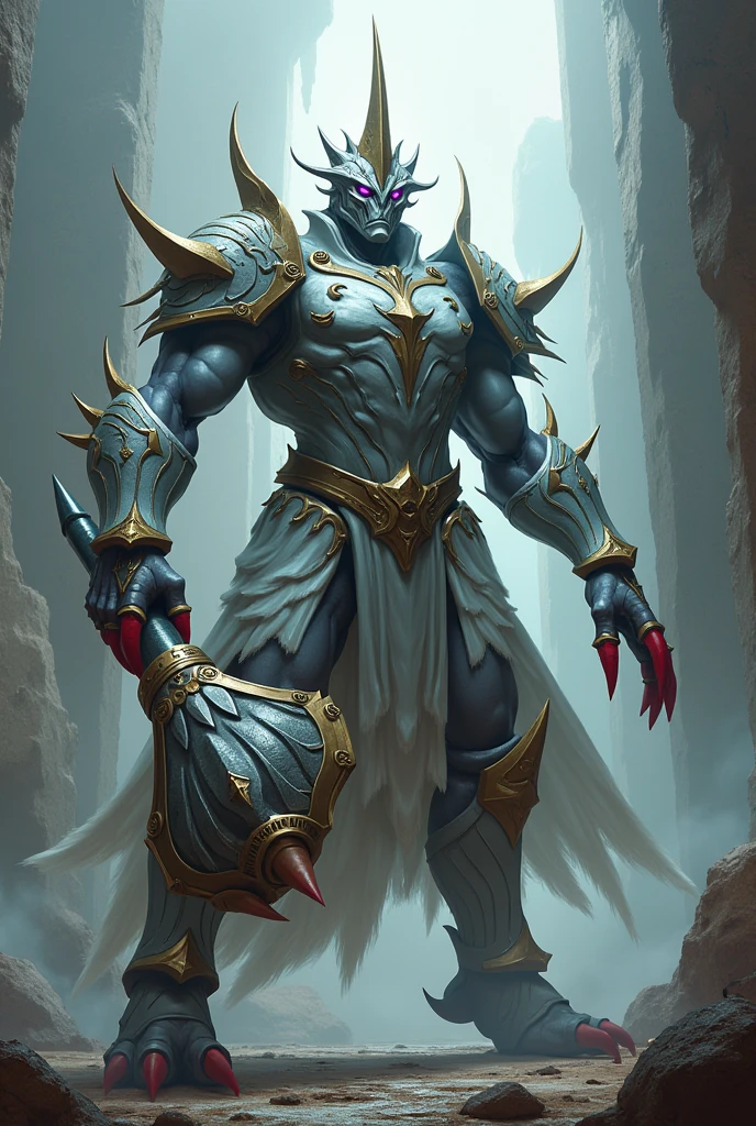 Amdusias is 2 meter tall, white armored skin, sharp red nail in each fingers, a sharp potruded chin and white small golden v fin potrudes into the back from his forehead and a long single straight horn in his forehead, and a sharp long retractable tail. His face is armored so only the bluish purple eyes that can be seen, the mouth section has a gap that can be opened for his mouth.He wield ultra large mace