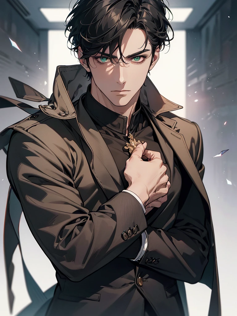 (Highest quality, masterpiece, 8k, Realistic, Cinema Lighting, HDR image, Super detailed, Beautiful images), 1 person, 3, Mature Men, very handsome, (Expressionless), Short black hair, Green Eyes ( Sharp Eyes), perfect face no errors, Doctor, Bangs parted to the left, anime, Simple Background, Chest girth, Diagonal composition