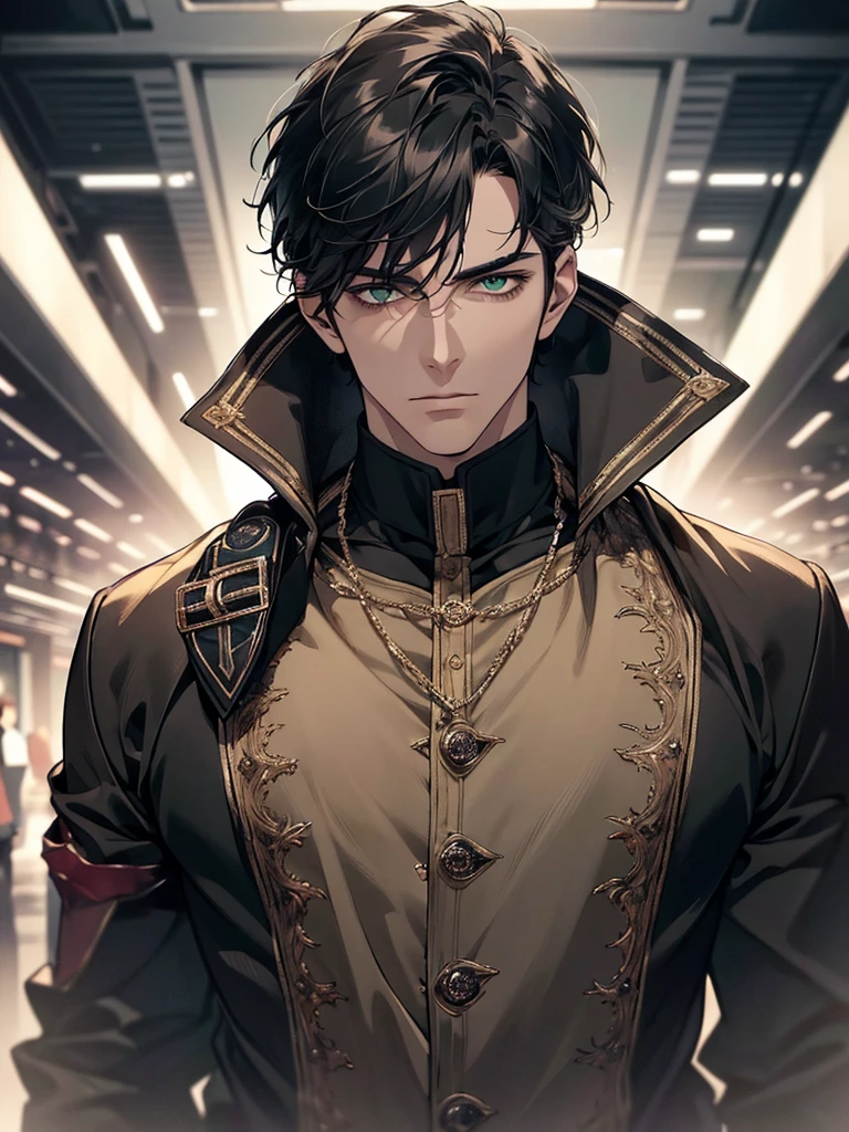 (Highest quality, masterpiece, 8k, Realistic, Cinema Lighting, HDR image, Super detailed, Beautiful images), 1 person, 3, Mature Men, very handsome, (Expressionless), Short black hair, Green Eyes ( Sharp Eyes), perfect face no errors, Doctor, Bangs parted to the left, anime, Simple Background, Chest girth, Diagonal composition