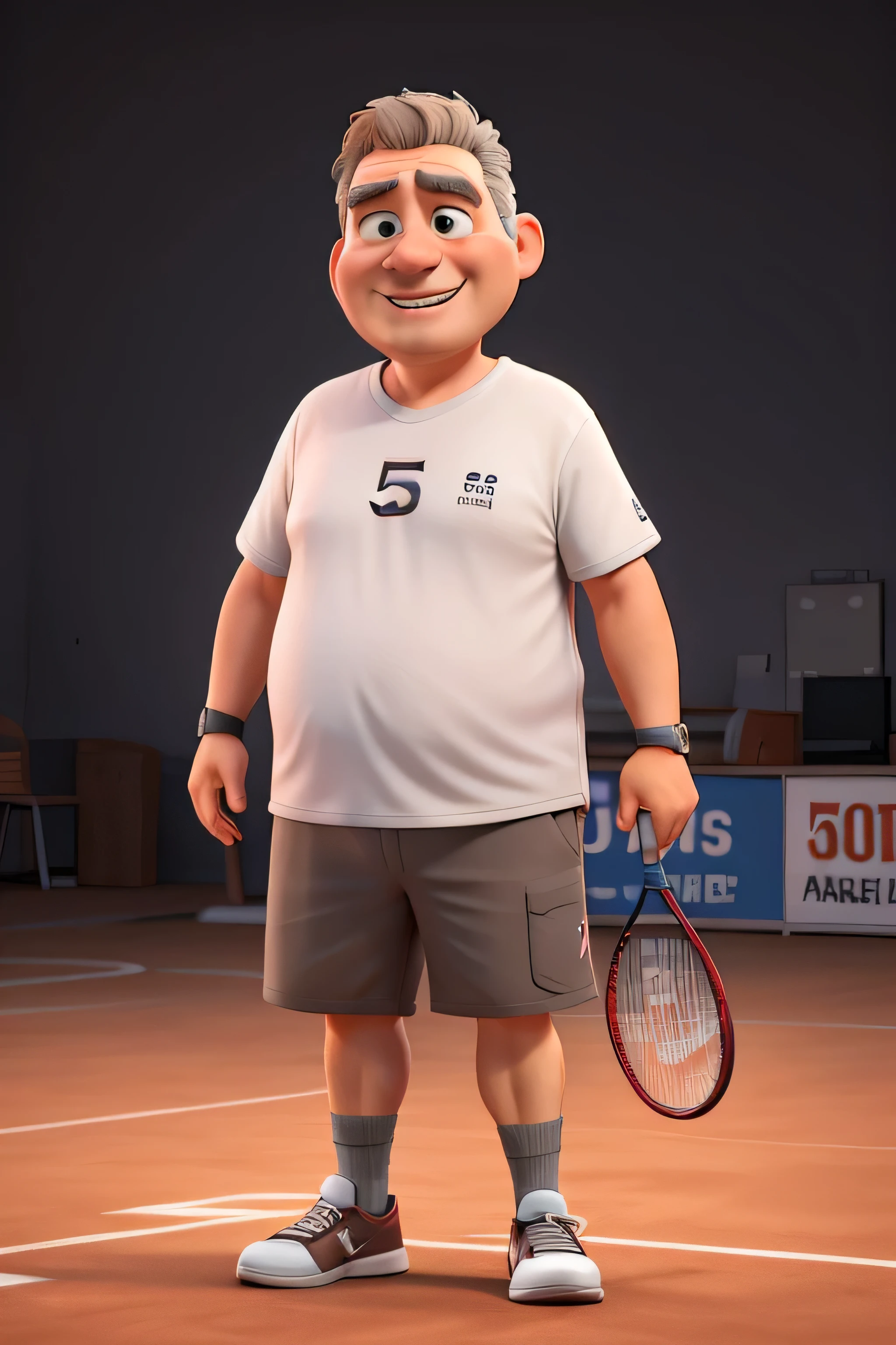 5 adult man , old face ,obese, sportsman , padel sportswear , beer ,right hand paddle racket, white flannel , brown hair with white , grey shoes, obese sonriendo, 3d animation ,