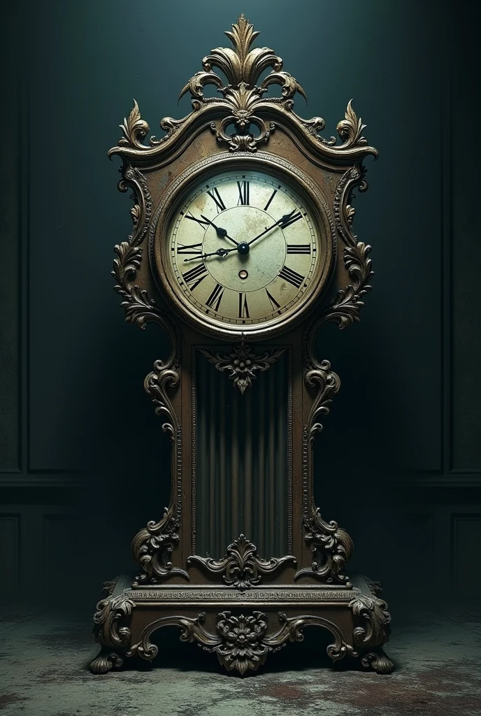image of a completely BROKEN English clock, in a dark room without any color and full of shadows