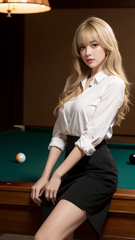 Busty women,Blunt bangs,Thighs,blonde,Voluminous long hair that reaches down to the waist,Wavy long hair,Jumper,Slim figure,A billiard hall with a dimly lit, moody atmosphere, where a woman is preparing to take a shot at the pool table. She is dressed in a crisp white blouse, neatly tucked into a stylish black culottes skirt, paired with elegant high heels. The woman, with a focused and determined expression, is leaning over the billiard table, carefully lining up her shot. She holds a cue stick with precision, aiming at the white ball on the table. The background features several other billiard tables, with a few people casually playing in the distance, adding to the authentic ambiance of the setting.”