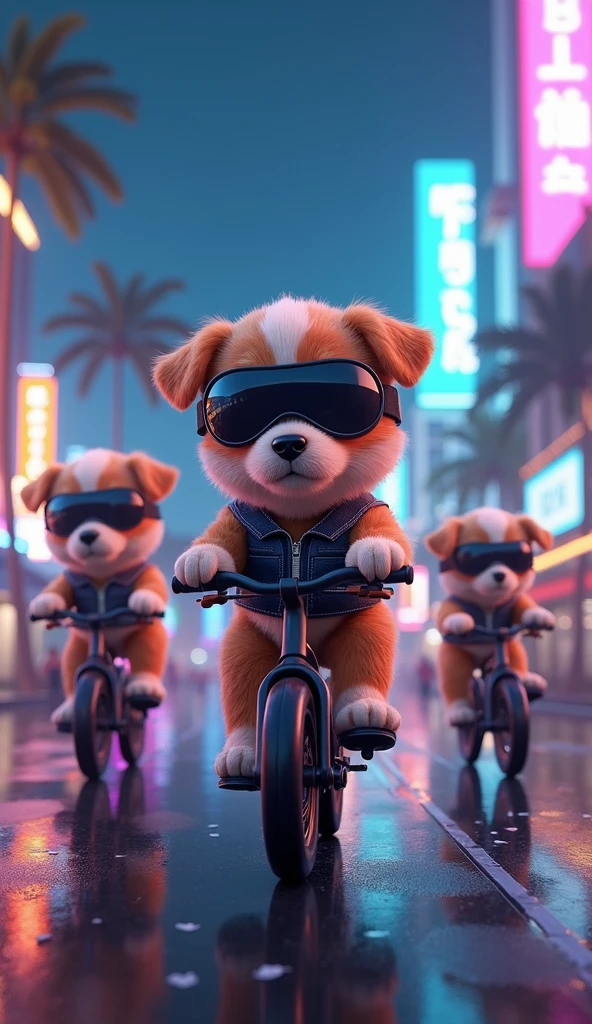 Puppies wearing glassing riding bikes in cyberpunk world in night with lights on and with lights in background building on side of road beach view 3D animation