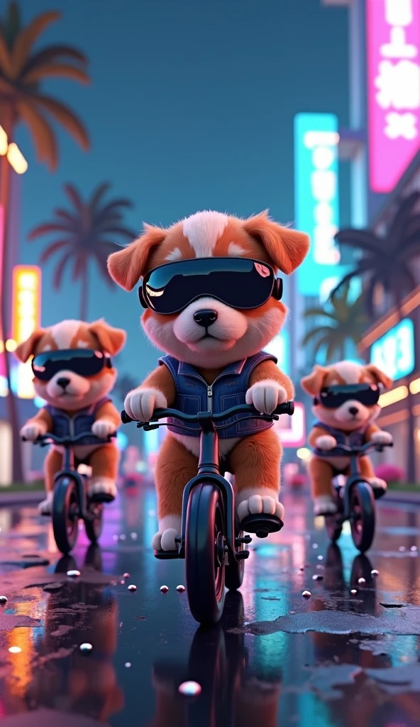Puppies wearing glassing riding bikes in cyberpunk world in night with lights on and with lights in background building on side of road beach view 3D animation