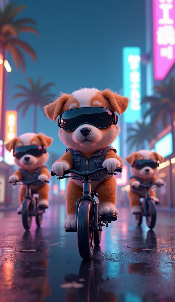 Puppies wearing glassing riding bikes in cyberpunk world in night with lights on and with lights in background building on side of road beach view 3D animation