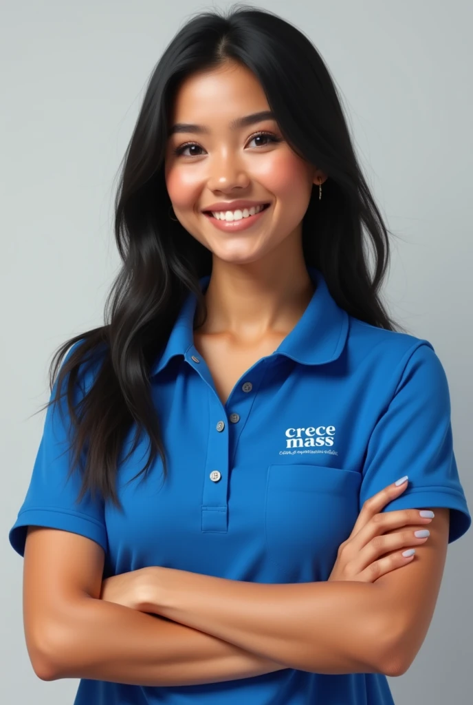 Create a realistic image of a young Latina lady wearing an electric blue polo shirt. In addition to having the word printed on it "CRECE MASS" in the right pocket . She must be smiling and with her arms crossed. Your skin tone should be white and your hair black and straight. Oval face and thick lips.