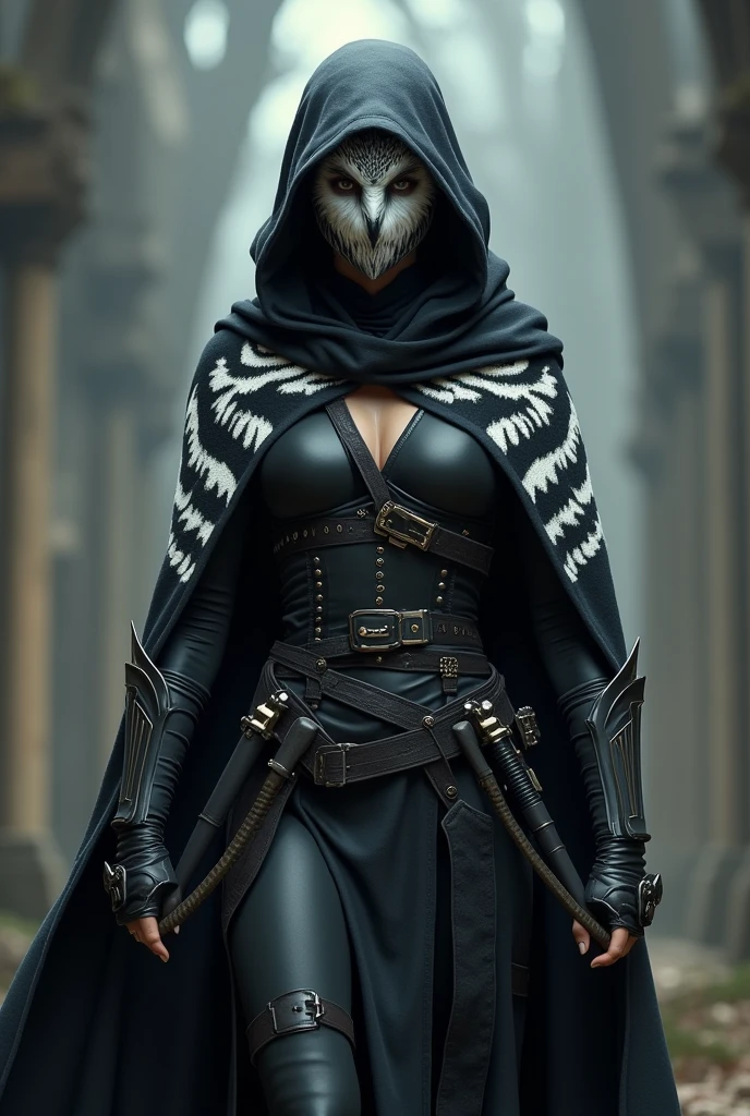 Girl with short black hair with a white owl mask with black armor with a cape and hood on the cape has the design of a white tiger she carries two curved swords at her waist