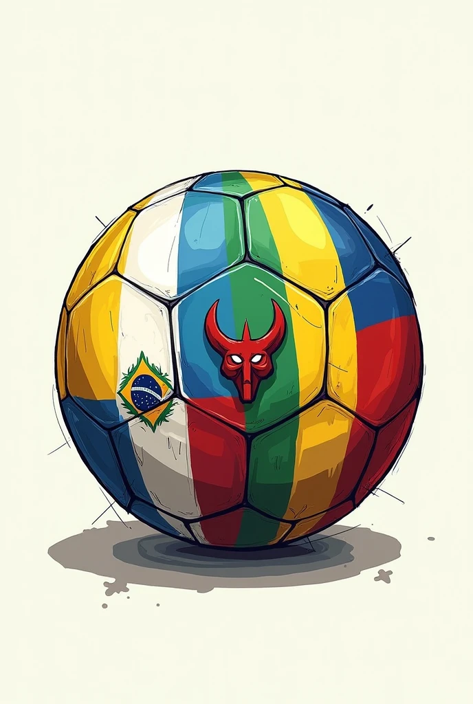 Soccer ball with the flags of Brazil,colombia, argentina,Bolivia,Peru and Venezuela with the insignia of a devil in the middle of the ball in drawing style 