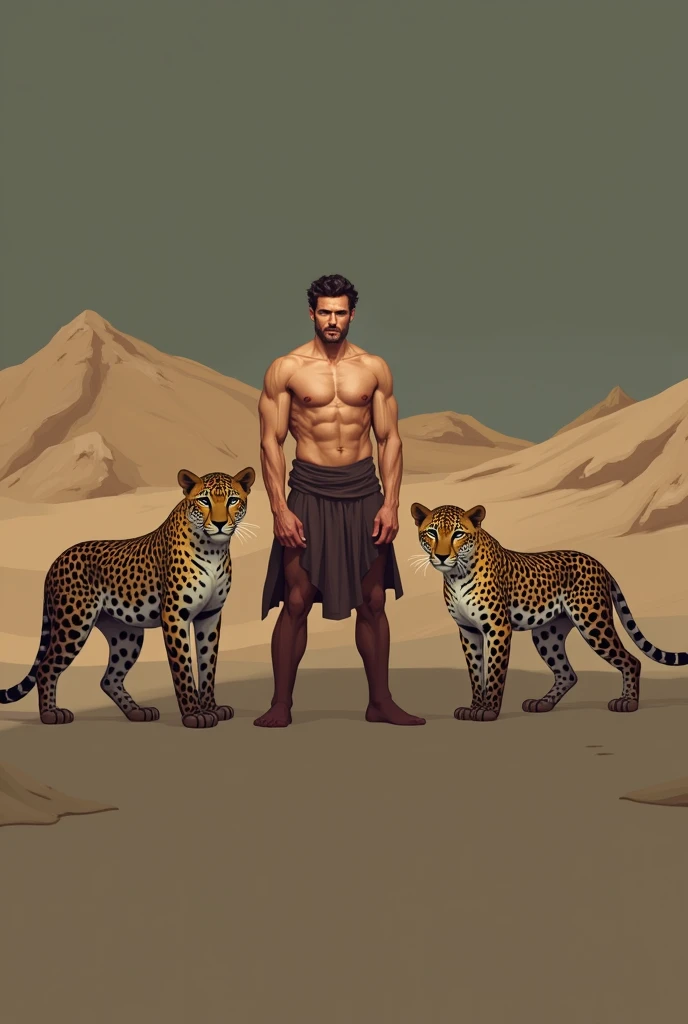 A handsome slim white skinned man in the desert shirtless with two leopards beside him