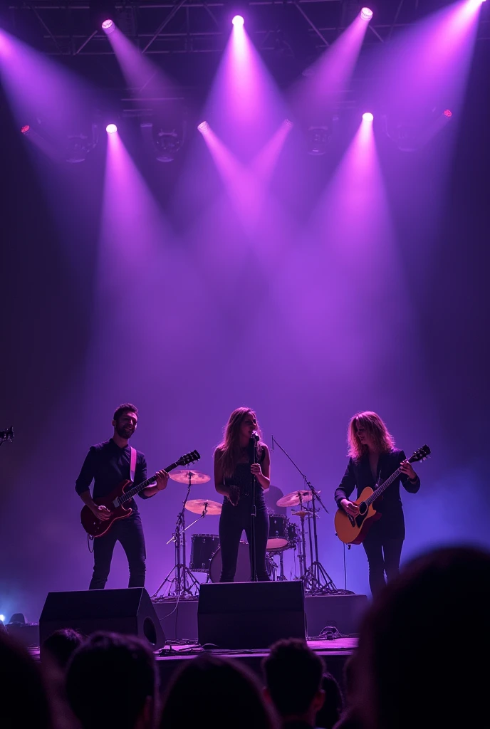 A movie-like scene featuring an American rock band and an American female singer called Serena.
