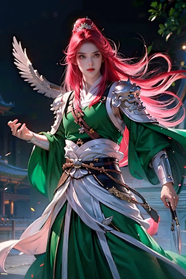 a man with long dark cherry pink hair and green eyes wearing Chinese armor over traditional Tang dynasty clothing, emerald and silver tones, bringing power and peace to the image, (best quality, 4k, 8k, high resolution, art - prime: 1.2 ), ultra detailed, (realistic, photorealistic, photorealistic: 1.37), extremely detailed eyes and face, long eyelashes, intricate armor details, traditional Chinese robes, flowing hair, emerald and silver color palette, powerful and serene expression, dramatic lighting, cinematic composition, award-winning digital art
