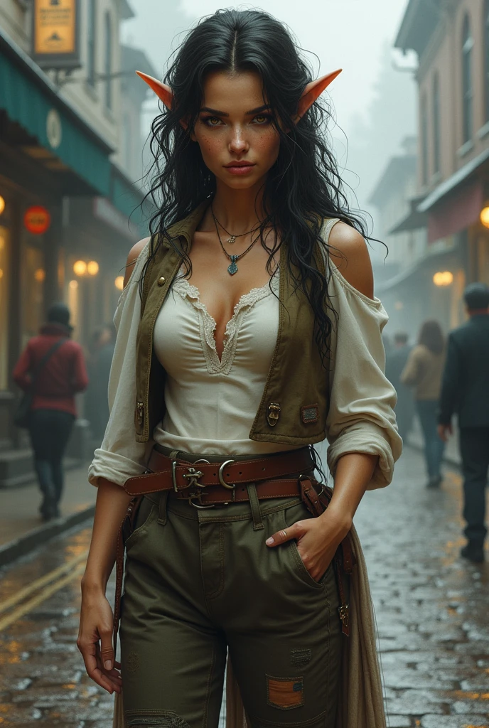 an elven maiden, wearing a tweed vest and patched trousers, athletic hourglass figure, busty bosom, pointy elf ears, amber eyes, dark hair, long messy curls, elven ears, warm almond skintone, freckles, elven ears, standing on a foggy Victorian-era street corner, concept art, graphite shading, stencil marks, airbrushed acrylic paint, masterpiece