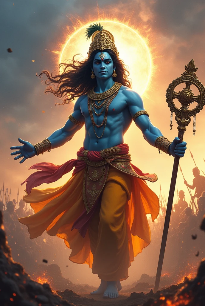 God Sri Krishna in Mahabharata battle ground in very engry mode using sudarshan chakra in there left hand second finger