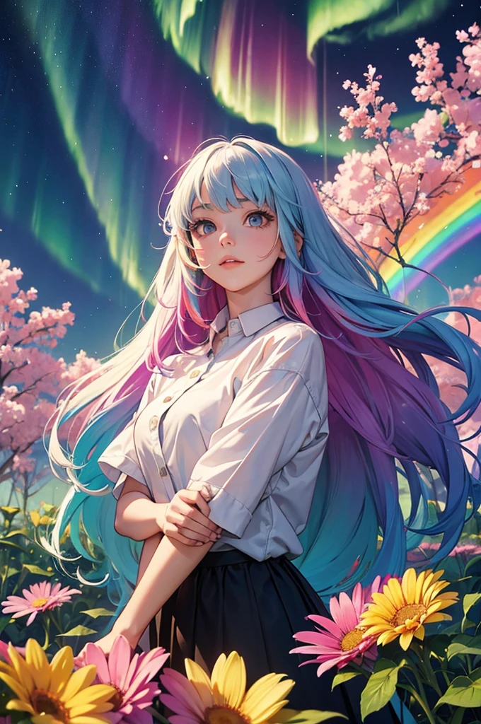 A girl with long rainbow hair, surrounded by big flowers, upper body, Aurora