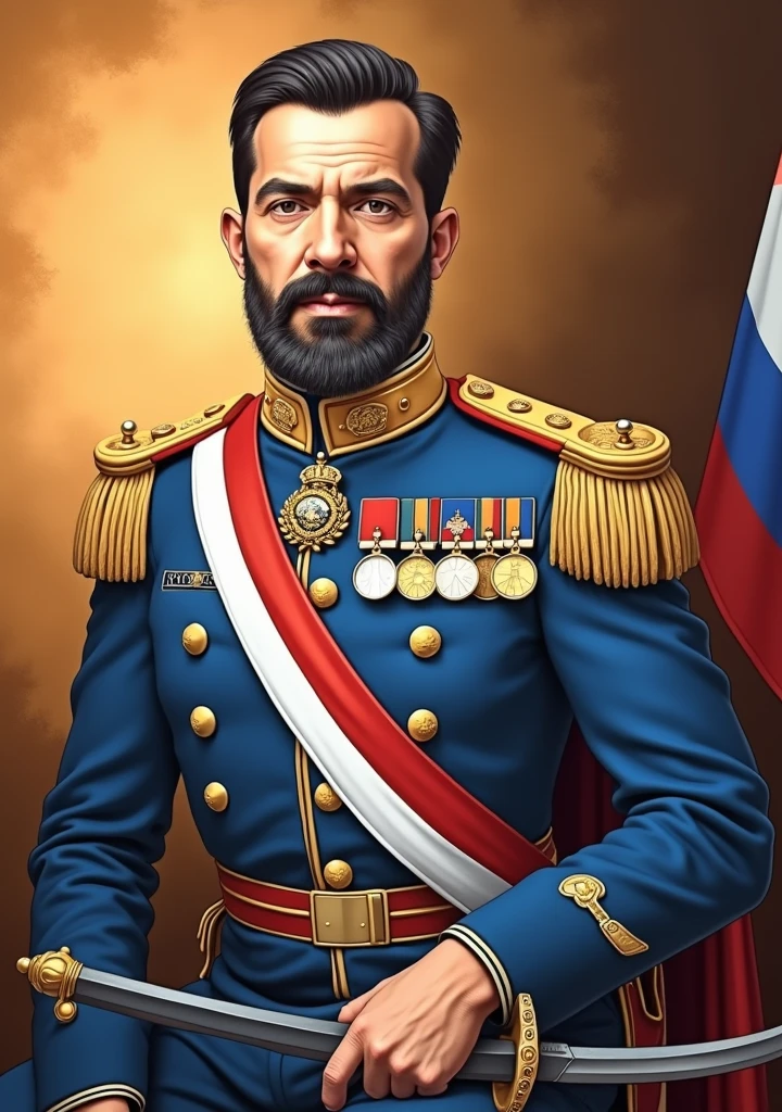 The former Paraguayan president Francisco Solano Lopez, with his beard and his characteristic blue uniform kneeling with one leg bent, holding in his right hand his thin combat sword and in his right hand a stick with the flag of Paraguay, with the front shot